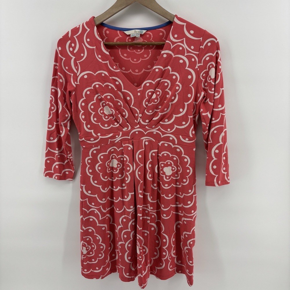 Boden‎ Tunic Dress Women's 8P Coral White Floral Jersey 3/4 Sleeve V Neck Mini